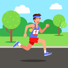 Young marathon runner in the park – energy, success, and sport. Flat style vector illustration clipart