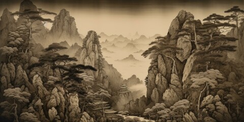 Mountains and Temples Misty Landscape in Ink Wash Painting Style East Asian Inspired Scenic View