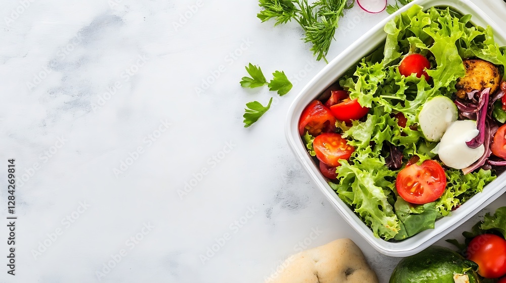 Poster a fresh and colorful salad in a white container showcasing healthy ingredients on a bright table : g
