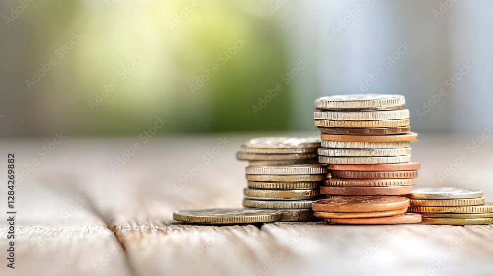 Aufkleber Closeup view of stacked coins displaying various denominations and a blurred background setting : Generative AI