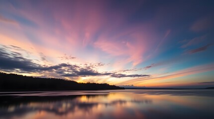 Obraz premium Serene scene showcasing an ethereal sky at the moment of the March Equinox, with a balanced interplay of pastel colors and soft gradients over a tranquil water landscape,