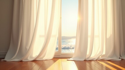 Blowing sheer curtains, Sheer white curtains billow gently in coastal breeze soft golden sunlight streams through window serene atmosphere 8K UH