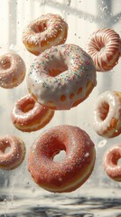 Delicious Donuts Flying in Air, Sweet Treat Photography