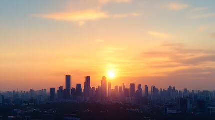 Fototapeta premium Cityscape sunset silhouette, urban horizon, fiery sky, distant hills, panoramic view