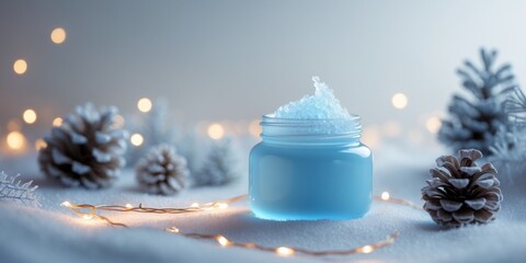 Blue Gel Cream Jar Surrounded by Winter Decorations and Lights.