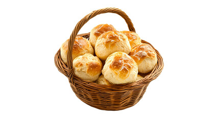 Freshly baked bread rolls in a woven basket