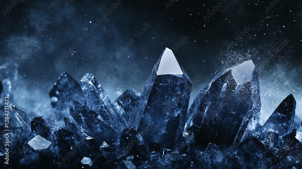 Poster close-up of a cluster of sharp blue crystals emerging from the dark, surrounded by mist and dust, sy