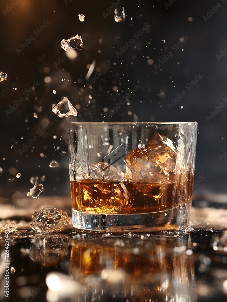 Poster Dynamic splash of whiskey and ice in a glass during an exciting drinking moment captured in time : Generative AI