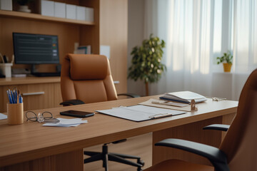 Modern office space with warm lighting, desk accessories, and minimalist decor