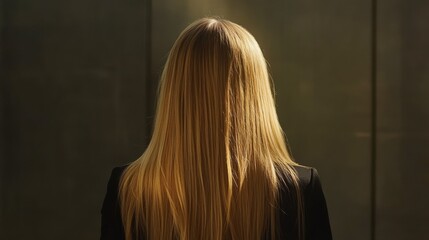 Fototapeta premium Blonde Hair Woman Back View Against Urban Background in Sunlight