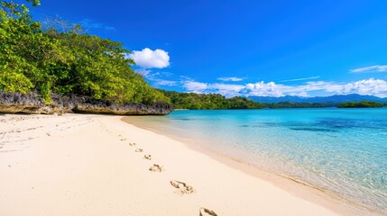 Tranquil Tropical Beach with Footprints on White Sand Shoreline