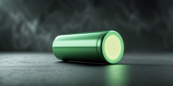 Glowing green battery lying on dark surface symbolizing energy efficiency and technology.