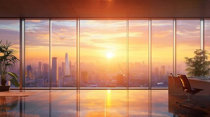 Fototapeta premium Serene Sunrise Office View with City Skyline