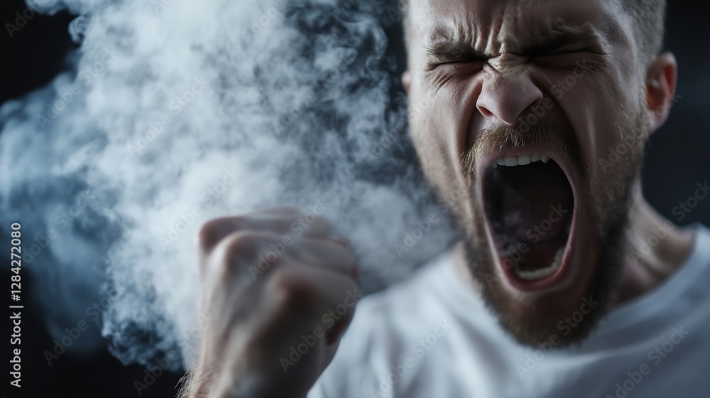 Aufkleber intense expression of a man yelling with smoke surrounding him for emotions and artistic photography