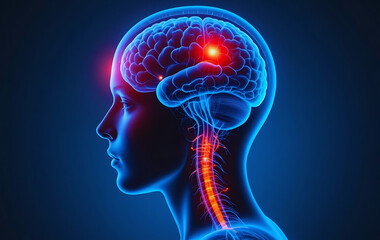 Human head brain and spinal cord with highlighted regions. Person experiencing head pain. Medical illustration of neurology concept. Potential medical emergency or mental health issue.