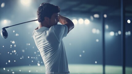 A skilled golfer focuses on his swing in a dimly lit driving range. As he strikes the ball, golf balls scatter in the air, capturing the intensity of his practice