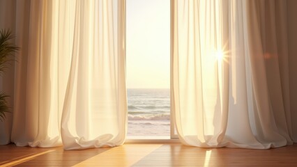 Blowing sheer curtains, Side view of white sheer curtains billowing in sunlight ocean backdrop 8K UHD serene atmosphere.