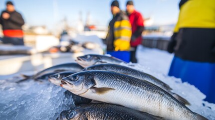 Fishermen preparing fresh catch of fish on a snowy dock with boats in the background