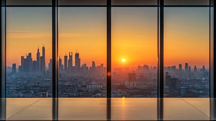 Fototapeta premium Serene Sunrise Office View with City Skyline