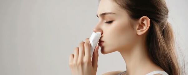 Young caucasian woman holding tissue to nose in profile view