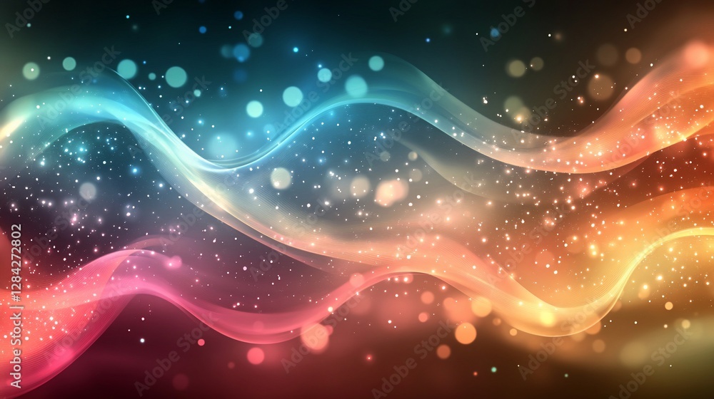 Poster colorful abstract wavy pattern with bokeh lights, used as background design