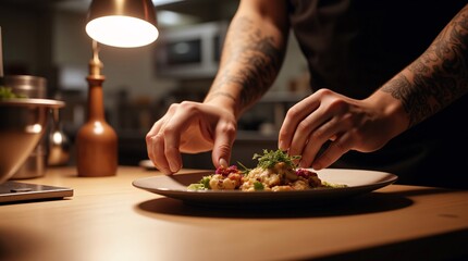 Culinary Artistry: A chef delicately plates a gourmet dish, showcasing exquisite detail and passion for food.