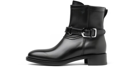 Women's fashionable black leather motorcycle boots isolated on a white background, Generative AI.