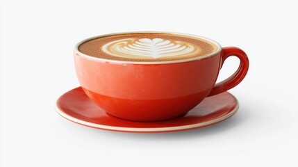 Latte Art in Red Cup with Saucer Delicious Hot Coffee Cup in White Background