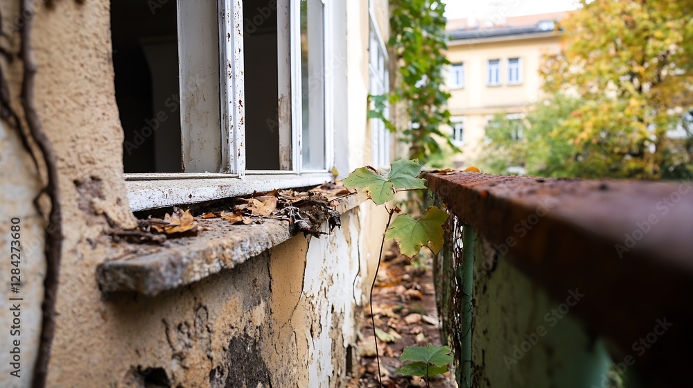 Poster windowsill filled with autumn leaves and creeping vines in an abandoned building : generative ai