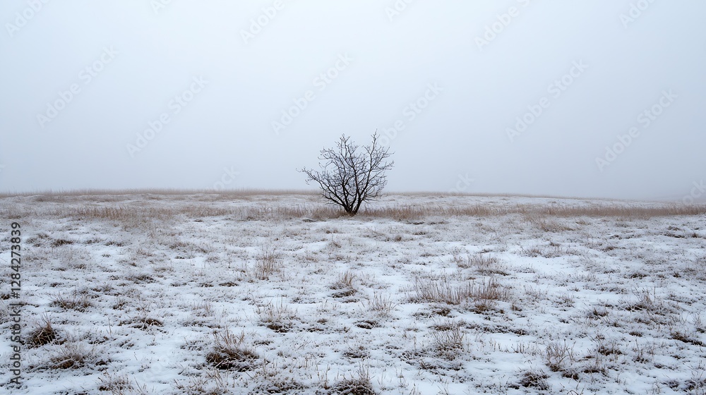 Poster Lonely tree on a foggy winter landscape with a desolate field and snow : Generative AI