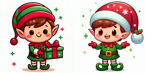 Fototapeta premium Cheerful cartoon elves celebrating the holiday season in festive outfits while engaging in gift-giving activities