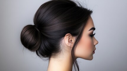 Naklejka premium Elegant Profile of Woman with Sleek Bun Hairstyle Against Gray Background
