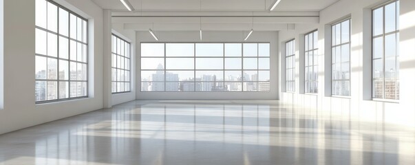 Obraz premium Spacious modern loft interior with large windows overlooking urban skyline
