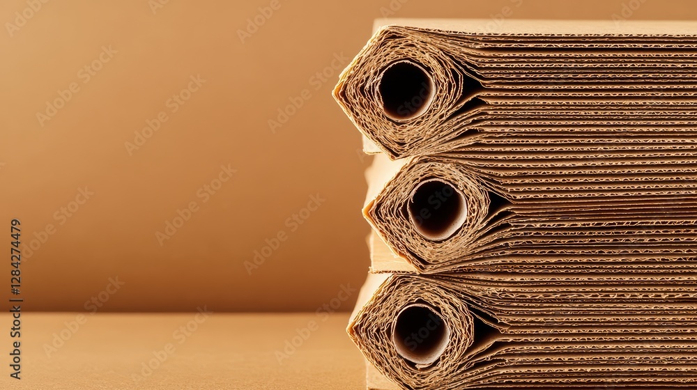 Poster neatly stacked sheets of corrugated cardboard on light background