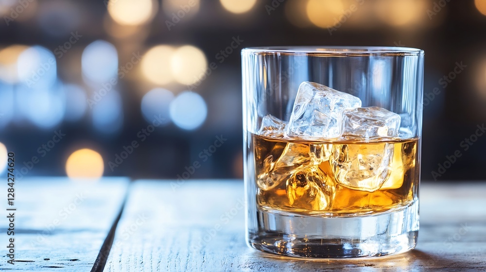 Aufkleber glass of whiskey with ice cubes on a wooden table surrounded by bokeh lights : generative ai