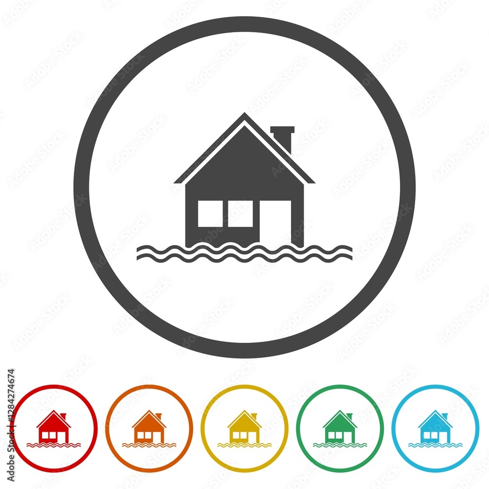 Poster flooded house icon. set icons in color circle buttons