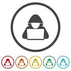 Computer hacker with laptop icon. Set icons in color circle buttons