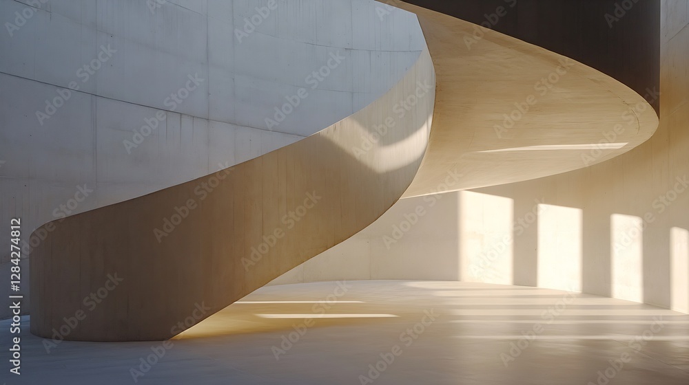 Aufkleber modern architectural spiral staircase featuring soft sunlight casting shadows in a minimalistic spac