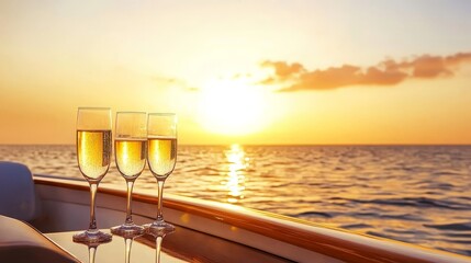 Obraz premium Three glasses of champagne on a boat at sunset, with ocean waves and a serene horizon