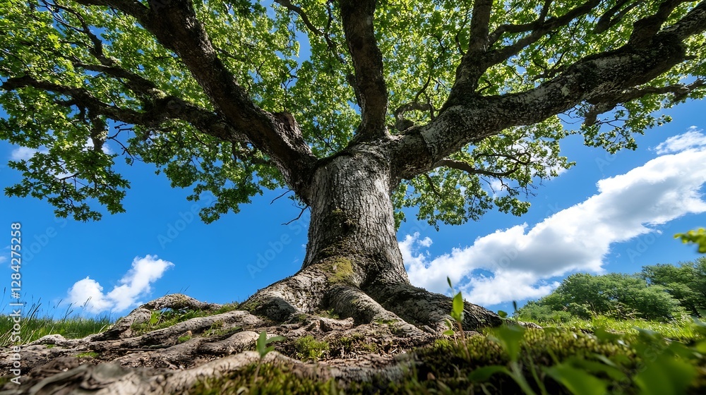 Aufkleber majestic tree with wide spreading branches and clear blue sky background : generative ai