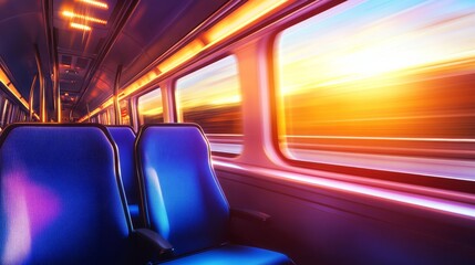 Fototapeta premium Vibrant sunset view from a moving train, showcasing empty seats and blurred scenery outside