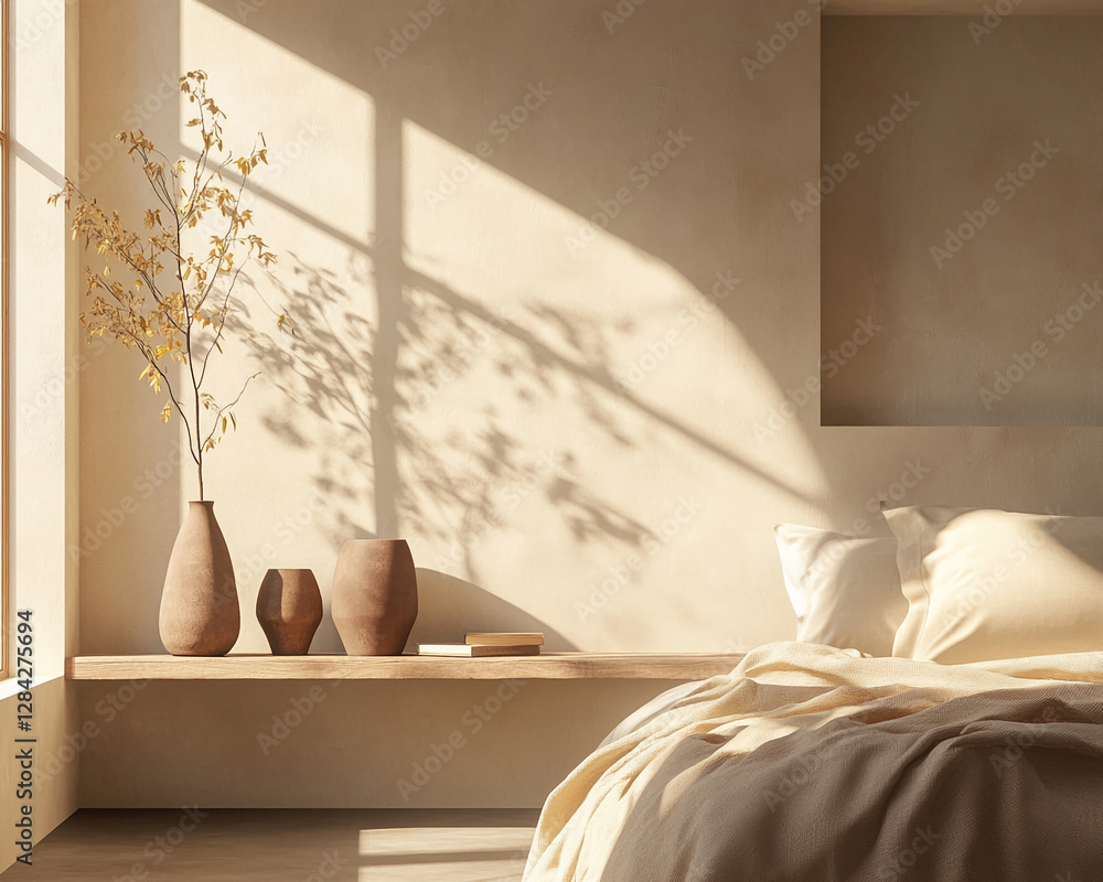 Poster minimalist bedroom with soft lighting, featuring a wooden shelf with vases and a dried plant, symbol