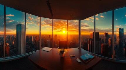 Fototapeta premium Modern Office Workspace with Laptop, Tablet, and City View