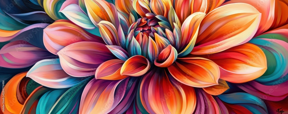 Poster vibrant multicolored abstract painting of a large flower in full bloom with dynamic petals and swirl
