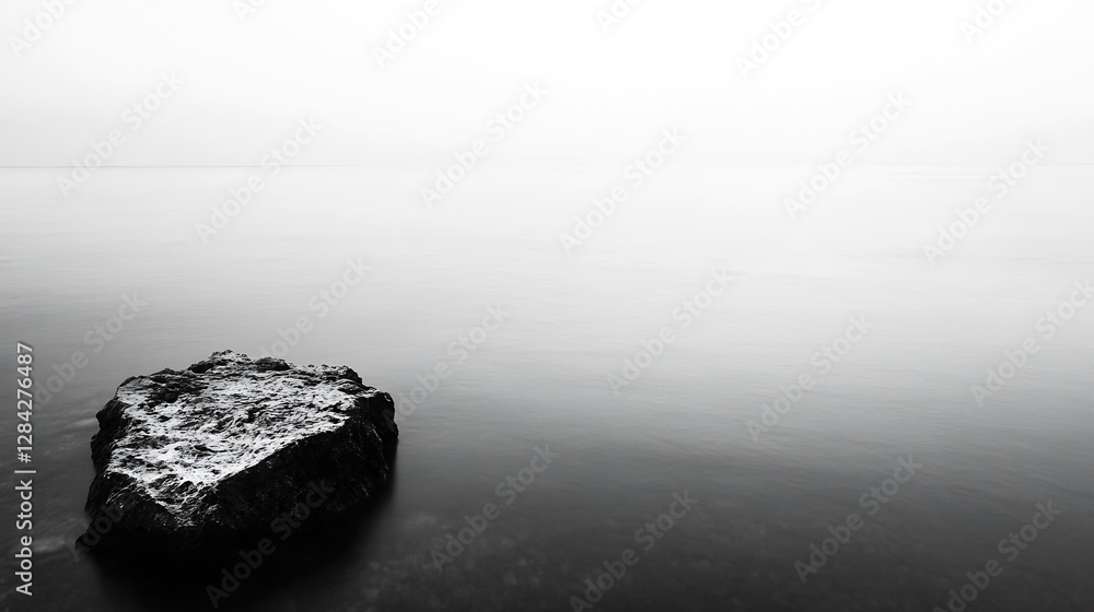 Poster isolated rocky shoreline in a tranquil lake during foggy weather with calm waters : generative ai