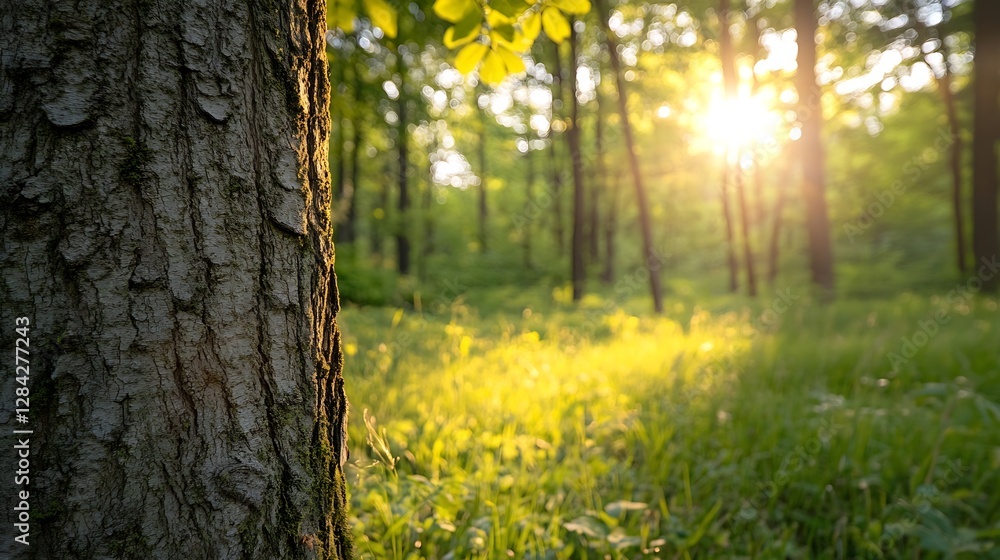 Poster Serene forest scene with sunlight filtering through trees highlighting the texture of bark and green grass : Generative AI