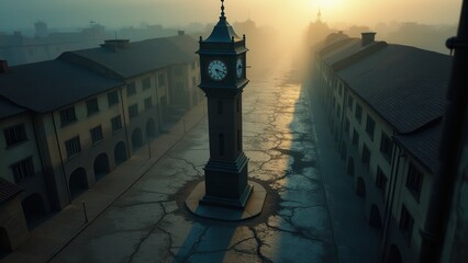 Lost hour, An antique clock tower looms in an abandoned square at dusk viewed from above. Cracked...