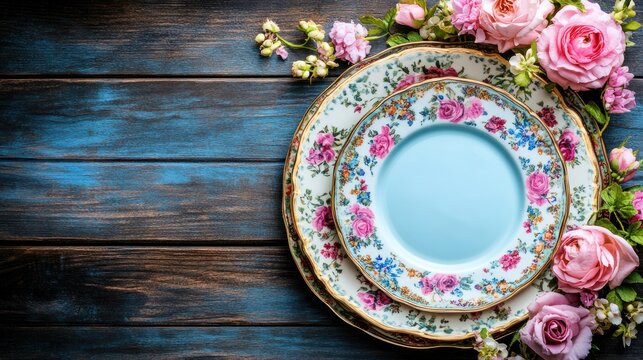 Antique floral plates on rustic wooden table with roses