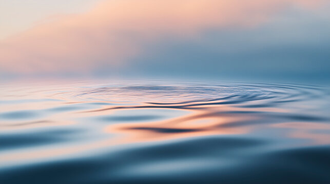 A tranquil close-up of water ripples reflecting soft pastel hues of the sunset, creating a peaceful and minimalistic aesthetic.