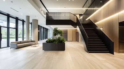 Fototapeta premium Modern interior lobby showcasing natural light with plants and stylish design elements : Generative AI